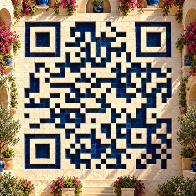 Ivory stone and cobalt ceramic QR wall in a sunlit courtyard