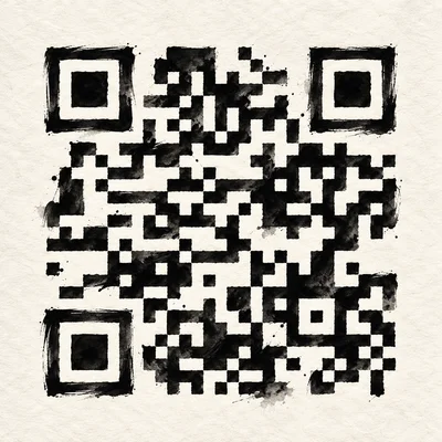 Black ink and pale paper forming a quiet, tactile QR painting