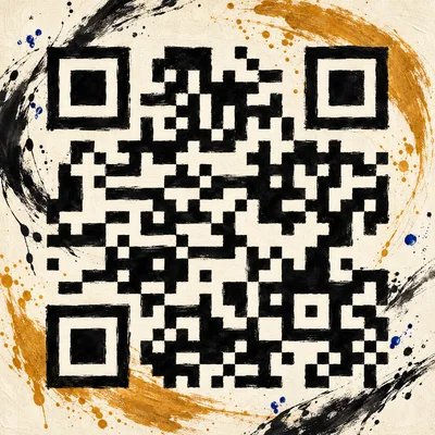 Black ink QR painting framed by ochre sweeps and small blue accents