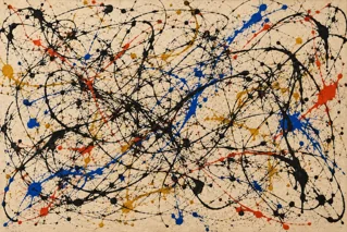Original action painting with black, blue, vermilion and ochre gestures on warm ivory linen