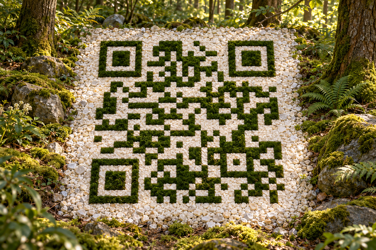 Scannable moss and quartz QR artwork surrounded by forest stones, ferns and warm sunlight